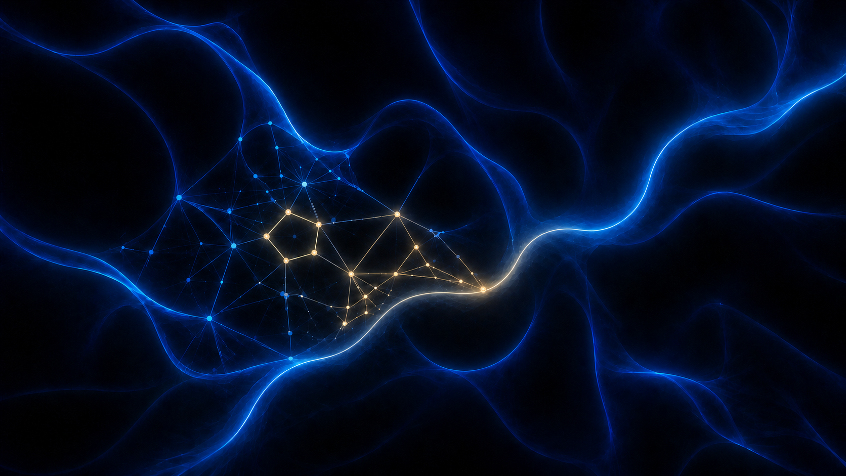 A mathematical network maps a continuous field while a gold projection highlights one realization path